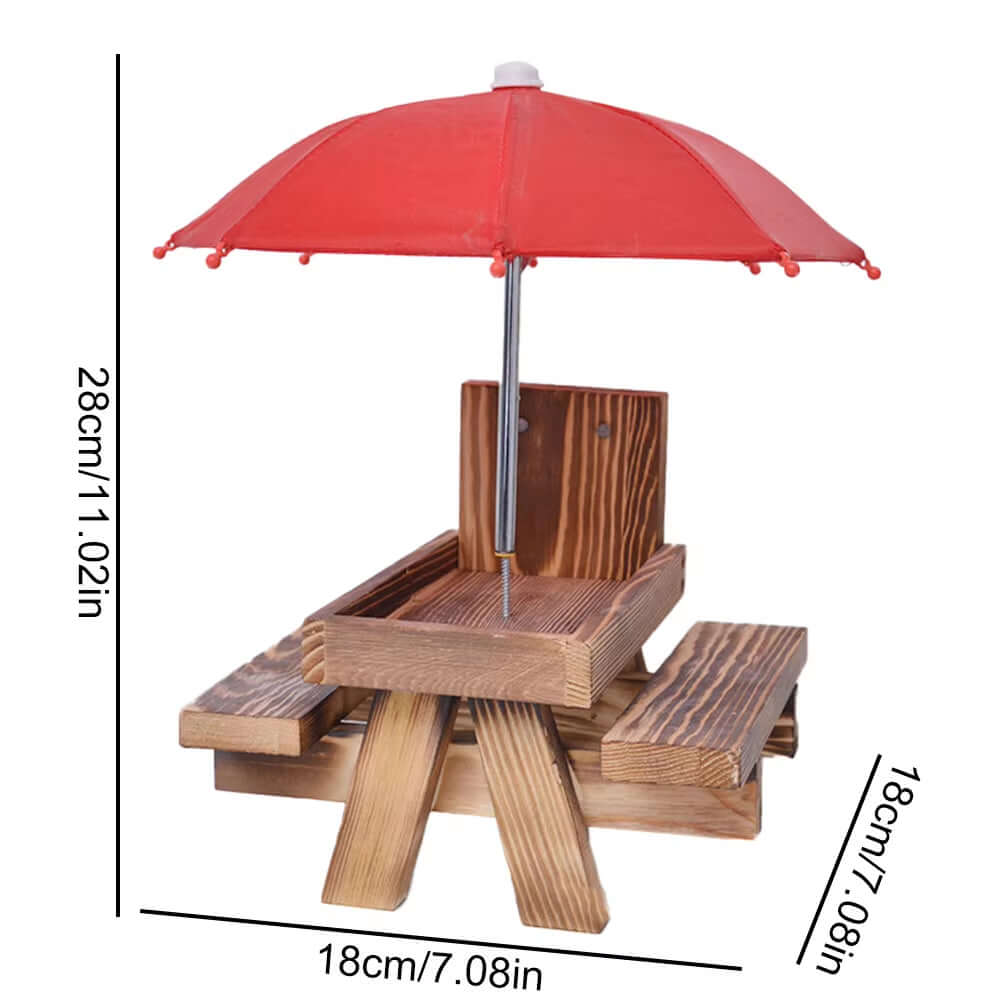 Wooden bird feeder with red umbrella, perfect for small animals, featuring drainage hole and easy corn cob access.