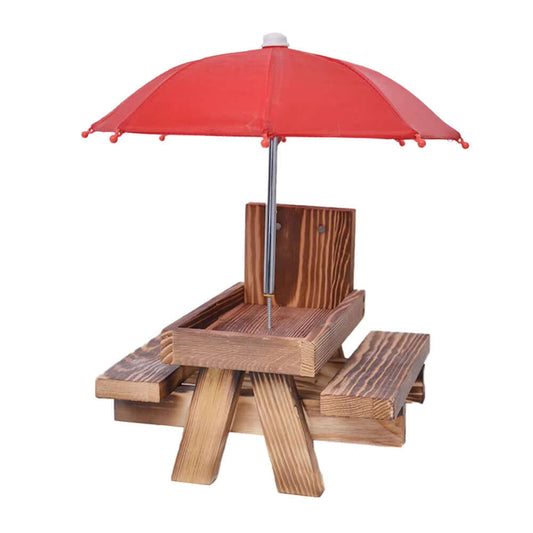 Mini wooden feeding table with red umbrella for squirrels and birds, featuring drainage design and easy corn placement.