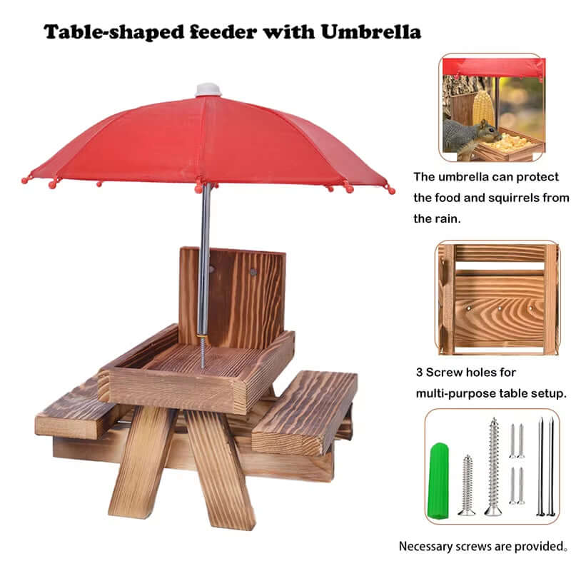 Wooden table feeder with umbrella for squirrels and birds, featuring drainage holes for dry food.