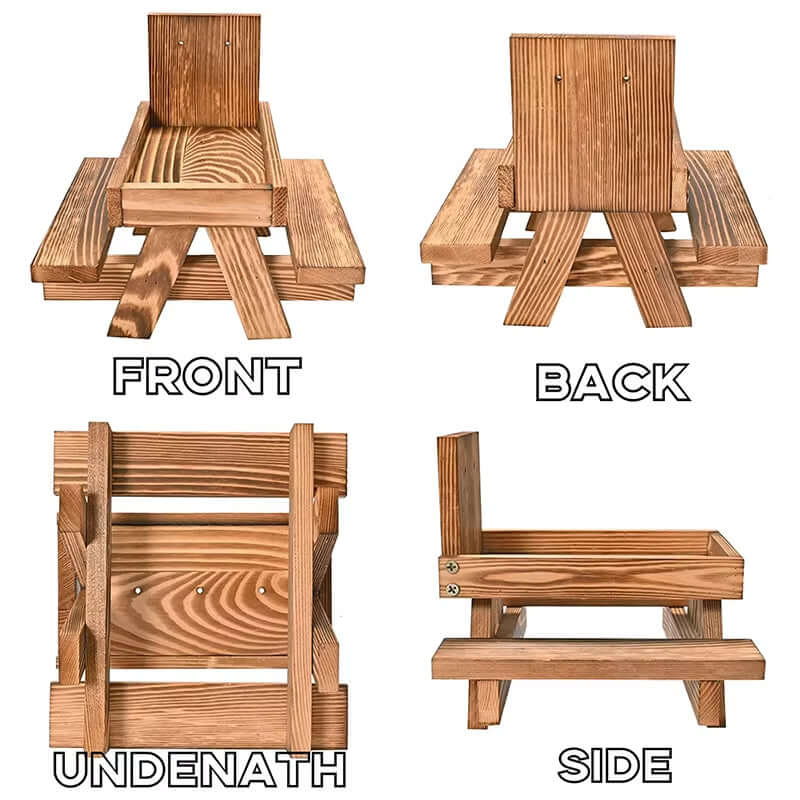 Mini wooden bench feeding table with umbrella for birds and squirrels, showing front, back, side, and underneath views.