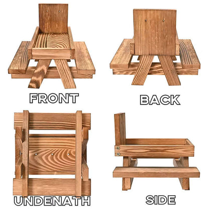 Mini wooden bench feeding table with umbrella for birds and squirrels, showing front, back, side, and underneath views.